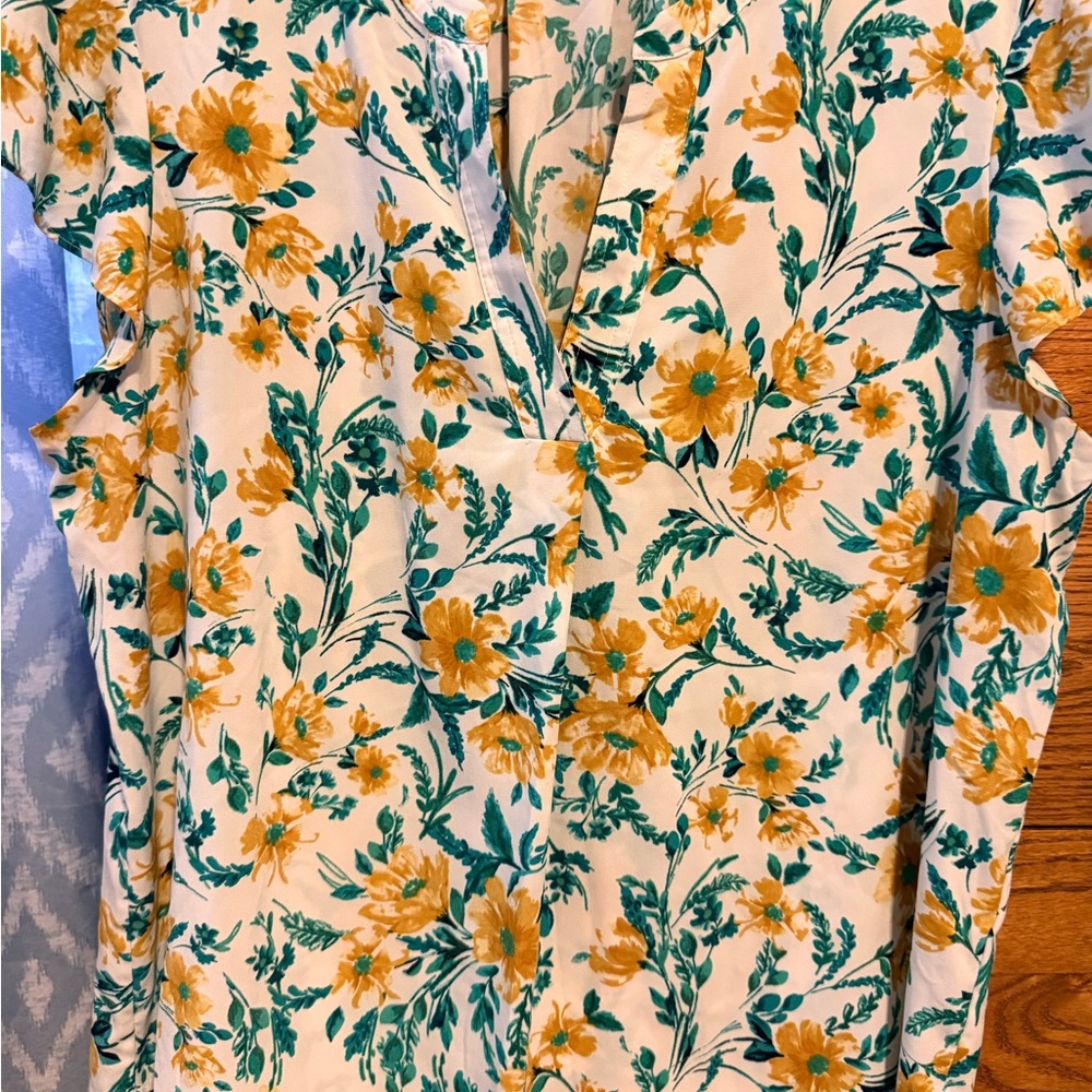 Calvin Klein White Blouse with Yellow and Green Floral Print